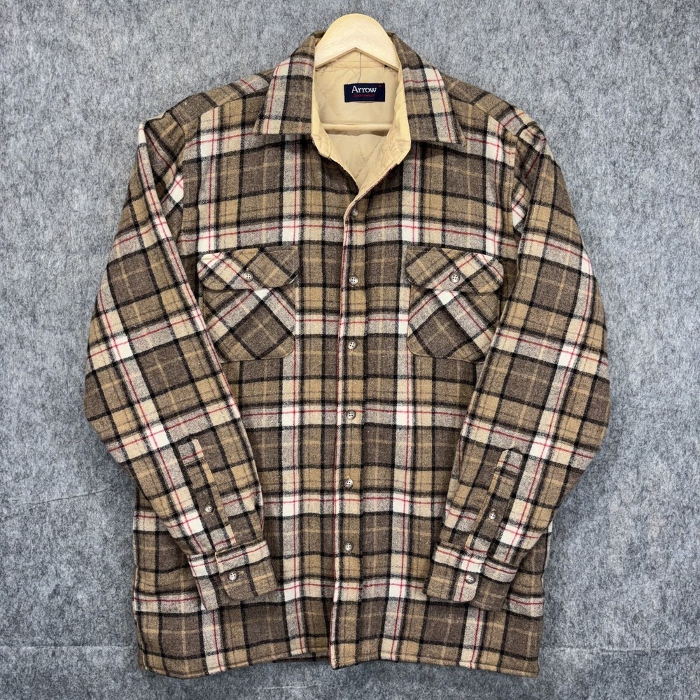 Arrow Sportswear Quilted Flannel Shirt Men's Medium Nova Check Plaid 70s Wool